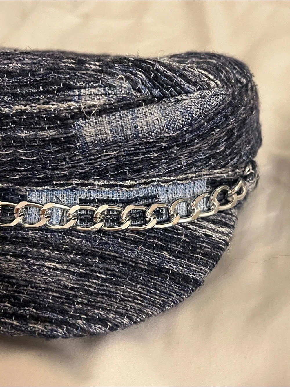EUGENIA KIM | Women’s Navy Denim Patchwork Baker Boy Cap with SilverChain Detail